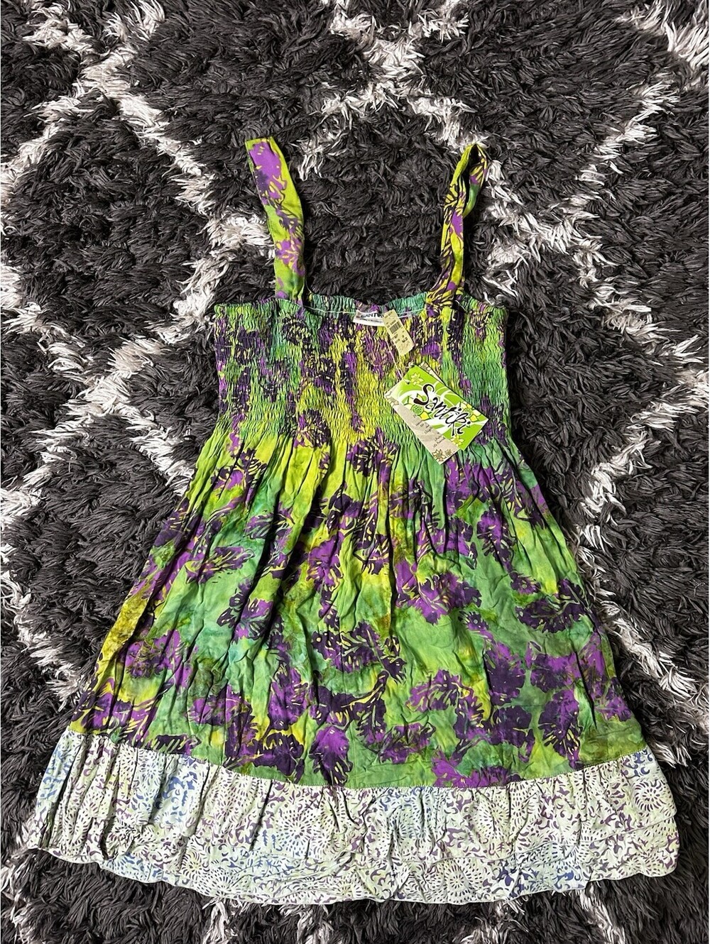 NWT Santiki Womens 2X Sun Dress Strapless Smocked Purple Green Tropical Batik